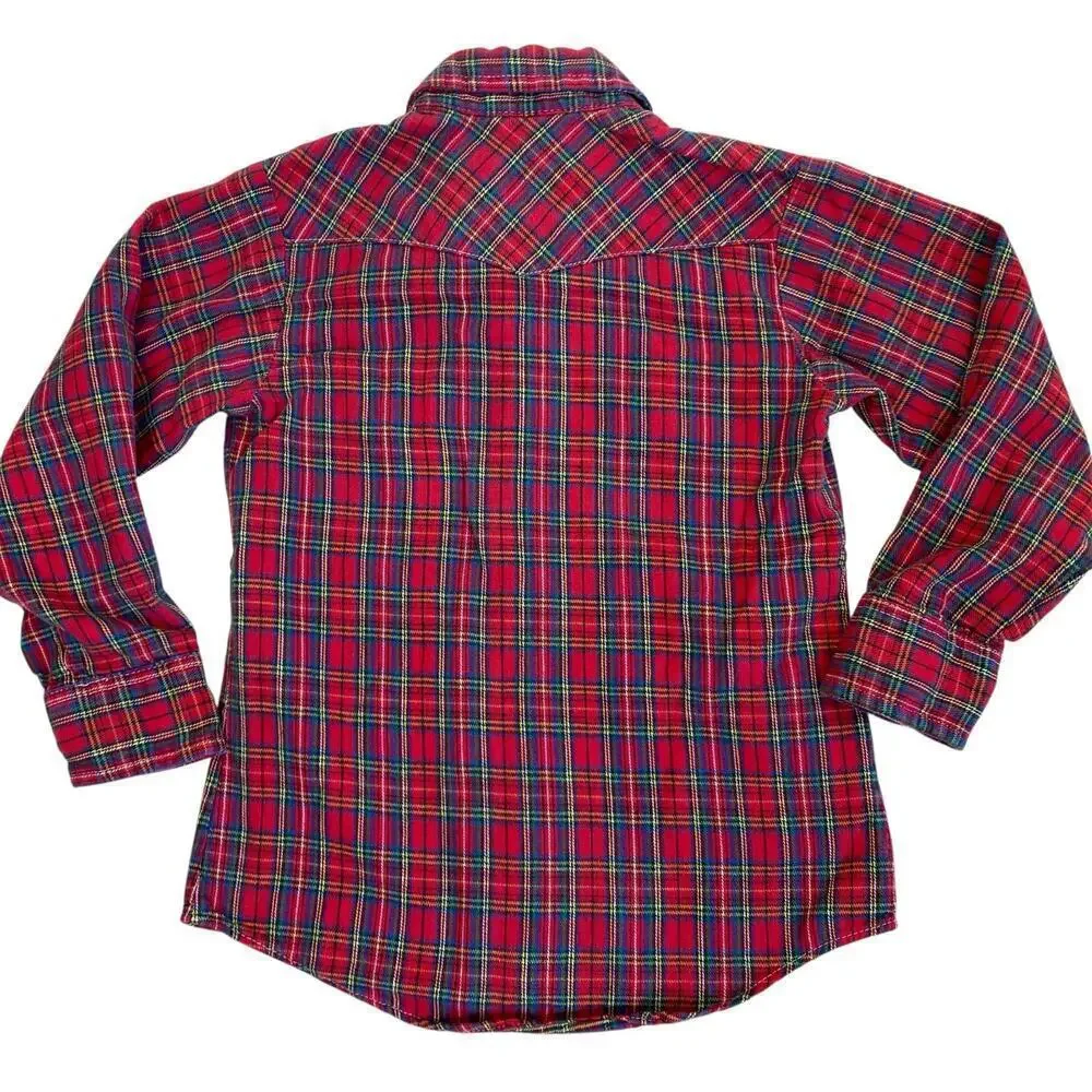 Levis Kids Vtg 90s Pearl Snap Western Button Down Shirt Red Plaid Made in USA